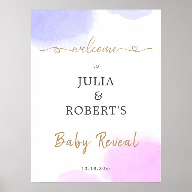 Pink & Blue Watercolor Gold Script Gender Reveal Poster (Front)
