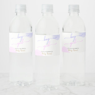 Pink & Blue Watercolor Gold Script Gender Reveal Water Bottle Label