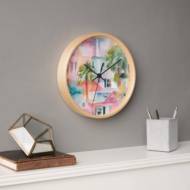 Pink Blue Watercolor Houses Tropical Palm Trees  Clock (Office)