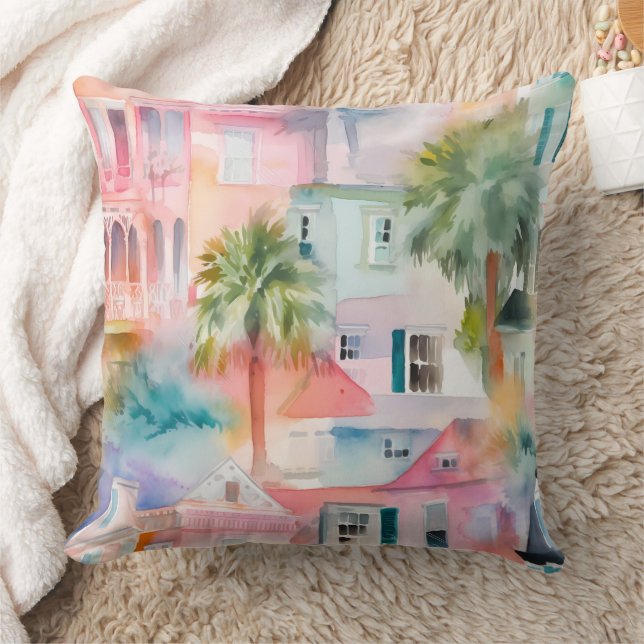Pink Blue Watercolor Houses Tropical Palm Trees  Cushion (Blanket)