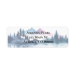 Pink & Blue Watercolor Mountains & Dark Pine Trees Return Address Label