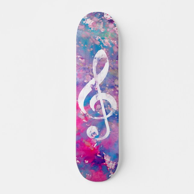 Pink Blue Watercolor Paint Music Note Treble Clef Skateboard (Front)
