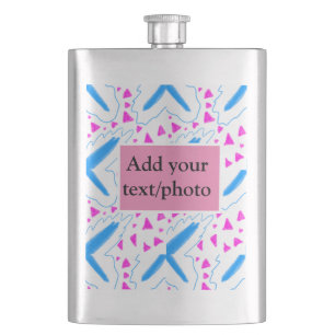 Pink blue watercolor pattern add name text custom hip flask
