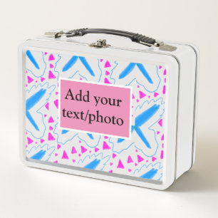Pink blue watercolor pattern add name text custom metal lunch box