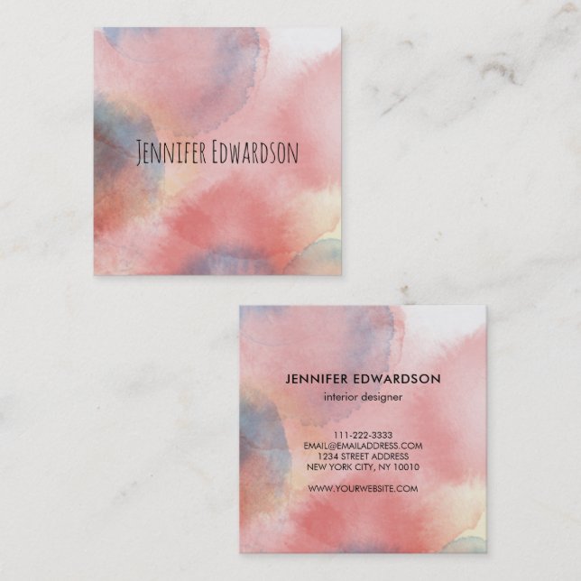 Pink blue watercolor splatter square business card (Front/Back)
