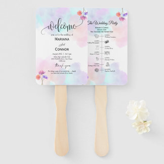 Pink Blue Watercolor Wedding Programs Hand Fan
