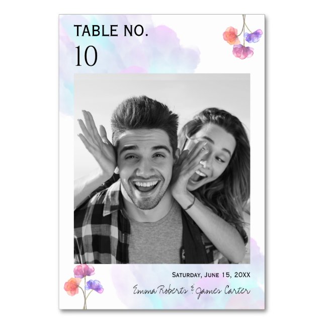Pink Blue Watercolor Wedding Table Cards (Front)