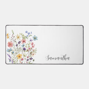 Pink Blue Watercolor Wildflower Custom Name Desk Mat