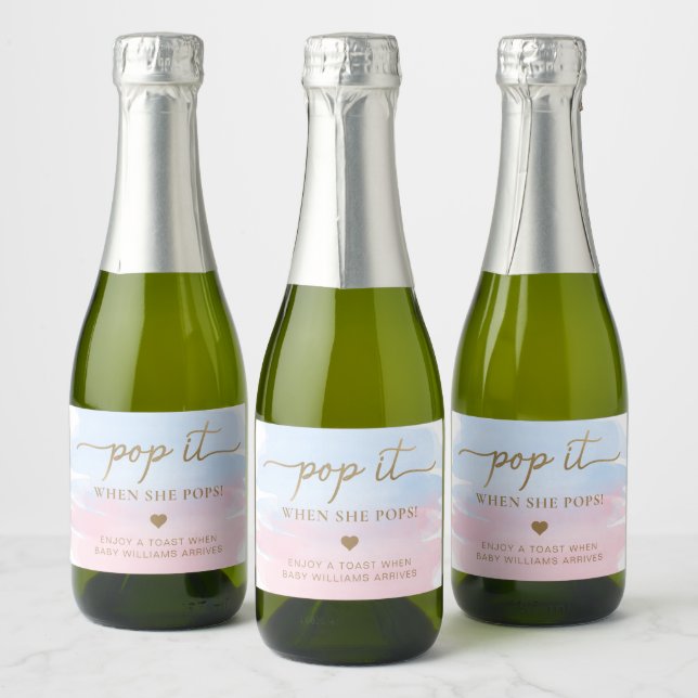 Pink Blue Watercolour Baby Shower Sparkling Wine L Sparkling Wine Label (Bottles)