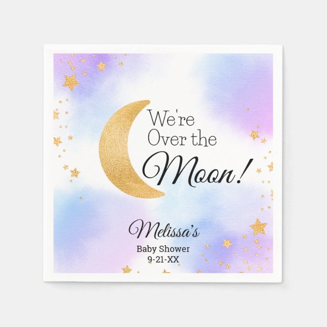 Pink Blue We're Over the Moon Neutral Baby Shower Napkin (Front)