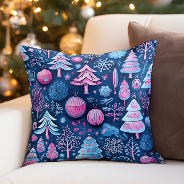Pink Blue Whimsical Christmas Trees Cushion (Festive blue and pink Christmas decorator pillow)