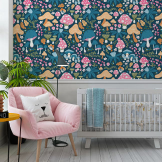 Pink Blue Whimsical Mushroom Pattern Nursery Wallpaper