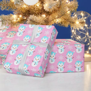 Pink, Blue & White Christmas Snowman Wrapping Paper