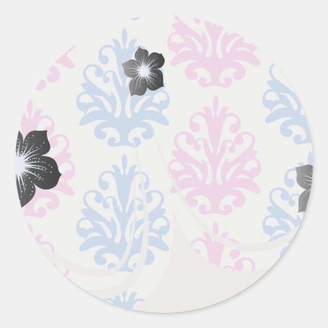 pink blue white damask classic round sticker (Front)
