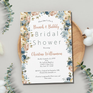 Pink Blue White Floral Brunch Bubbly Bridal Shower Invitation