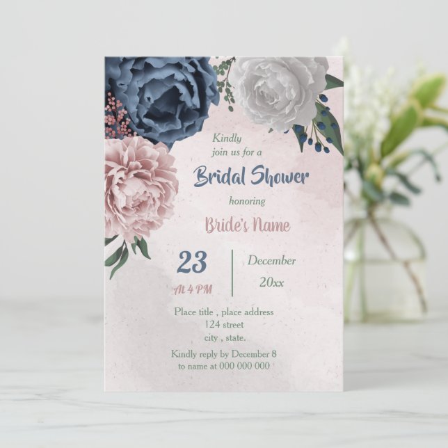  pink blue & white floral greenery bridal shower invitation (Standing Front)