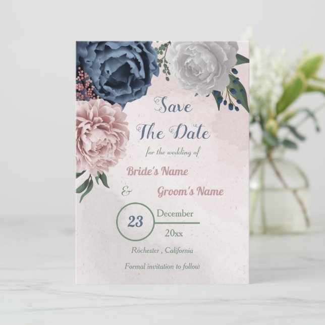  pink blue & white floral greenery save the date (Standing Front)