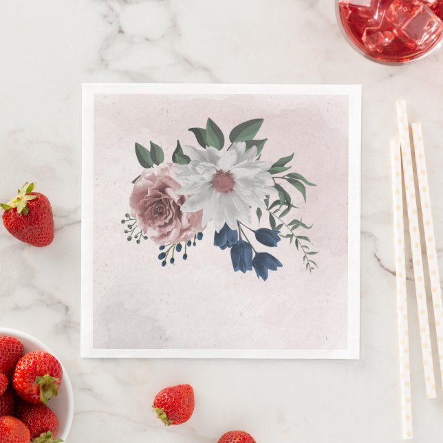  pink blue white floral greenery wedding  napkin (Insitu)