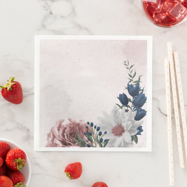  pink blue white floral greenery wedding  napkin (Insitu)