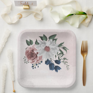  pink blue white floral greenery wedding paper plate