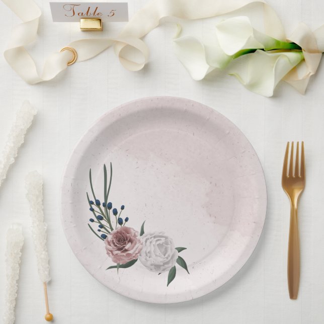  pink blue white floral greenery wedding paper plate (Wedding)