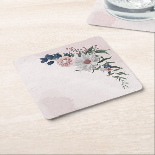 pink blue white floral greenery wedding square paper coaster