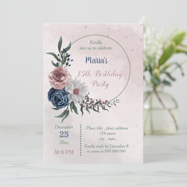  pink blue & white floral wreath birthday party invitation (Standing Front)
