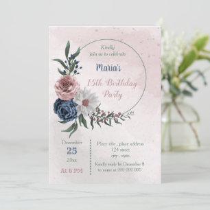  pink blue & white floral wreath birthday party invitation