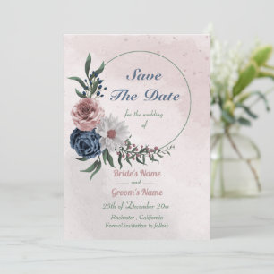 pink blue & white floral wreath save the date