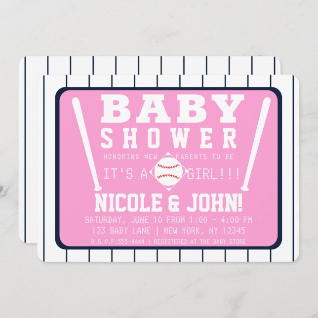Pink Blue & White Pinstripes Baseball Baby Shower Invitation (Front/Back)