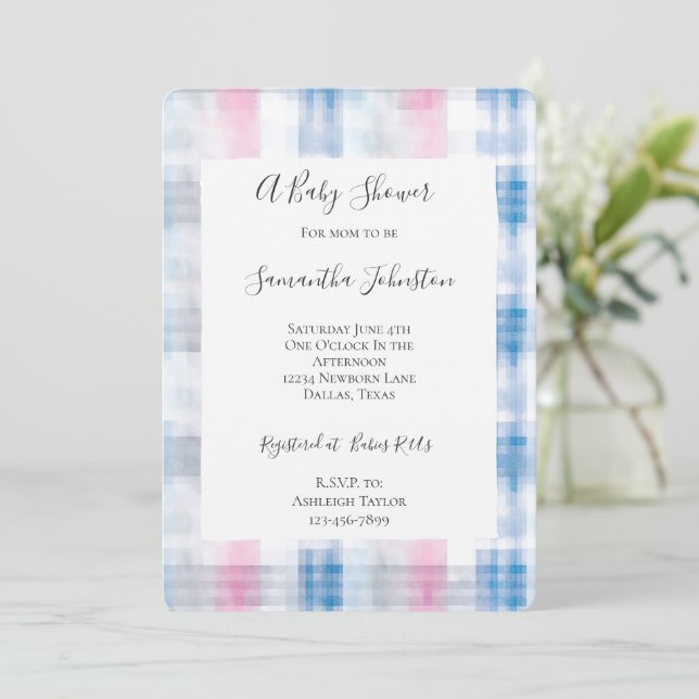 Pink Blue White Plaid Stripes Baby Shower Invitation (Standing Front)