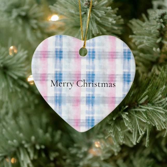 Pink Blue White Plaid Stripes Christmas Ceramic Ornament (Tree)