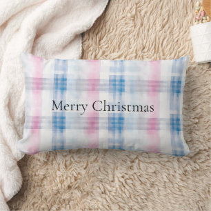 Pink Blue White Plaid Stripes Christmas Lumbar Cushion