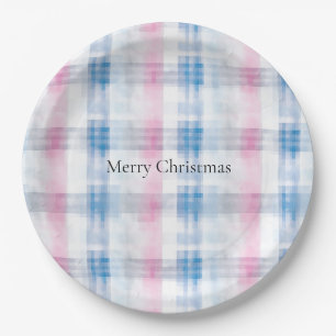 Pink Blue White Plaid Stripes Christmas Paper Plate