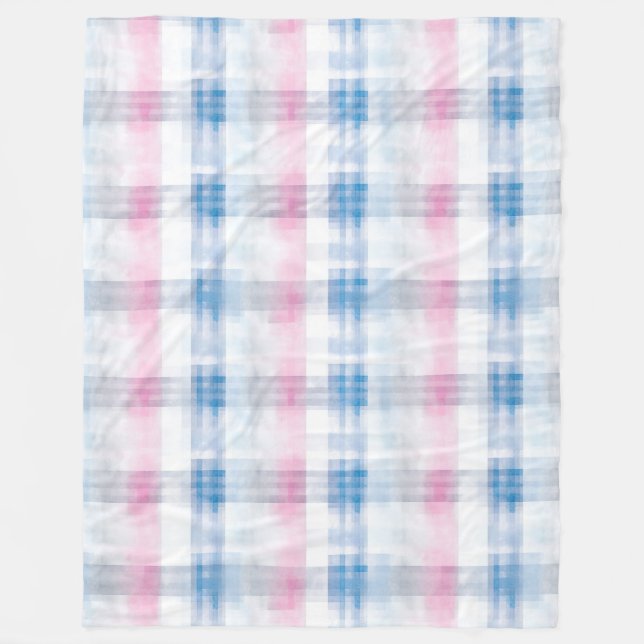 Pink Blue White Plaid Stripes Fleece Blanket (Front)