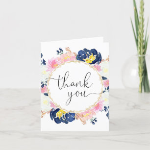 Pink blue white yellow gold floral thank you card