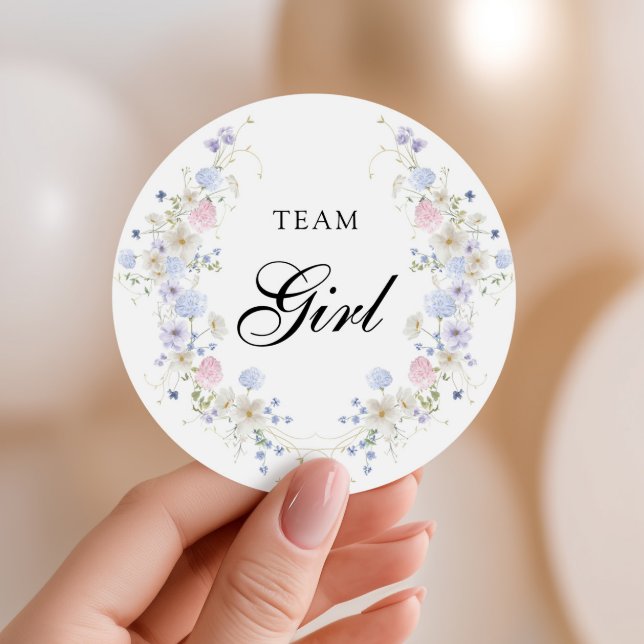Pink & Blue Wildflower Gender Reveal Team Girl Classic Round Sticker (Creator Uploaded)