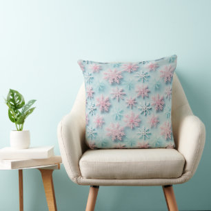 PINK & BLUE WINTER EMBROIDERED LOOK SNOWFLAKES CUSHION