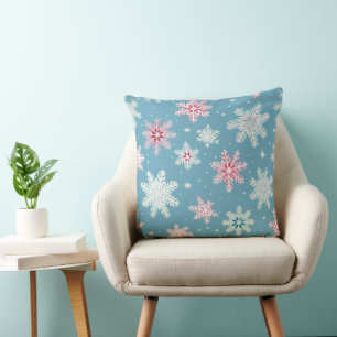 PINK & BLUE WINTER EMBROIDERED LOOK SNOWFLAKES CUSHION