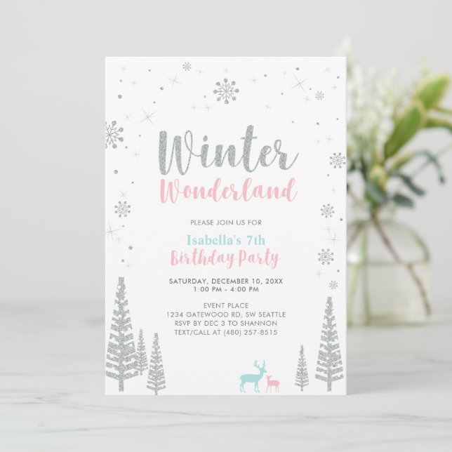 Pink & Blue Winter Wonderland Kids Birthday Invitation (Standing Front)