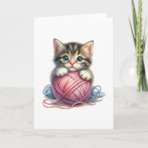 Pink Blue Yarn & Bright-Eyed Kitten Blank Greeting