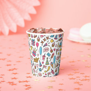 Pink, Blue & Yellow Birthday Party Icons Paper cup