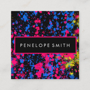 Pink Blue Yellow Black Paint Splatter Square Business Card