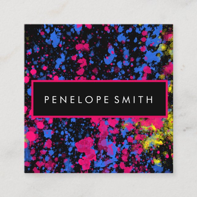 Pink Blue Yellow Black Paint Splatter   Square Business Card (Front)