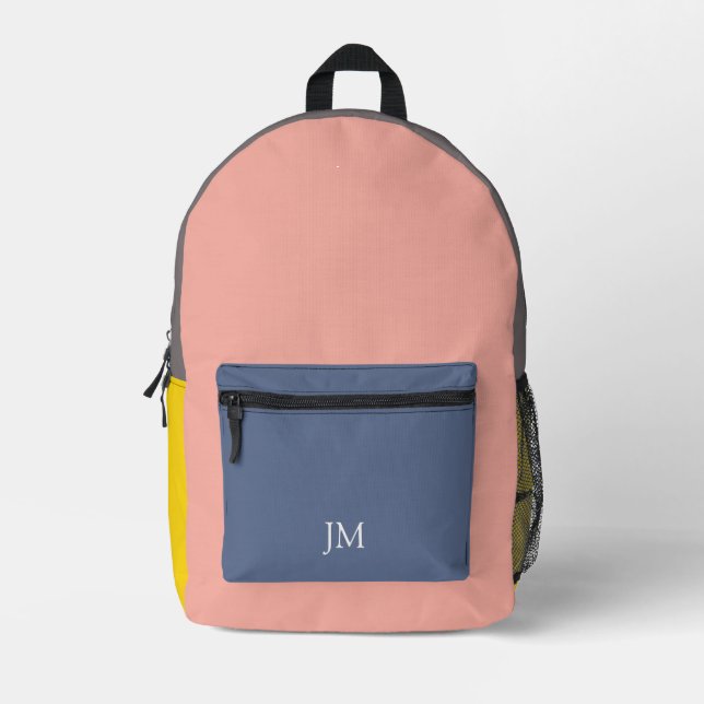 Pink Blue Yellow Colour Block Monogram Initials Printed Backpack (Front)