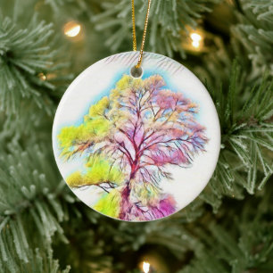 Pink, blue, yellow Colour painting of a Snowed Tre Ceramic Ornament