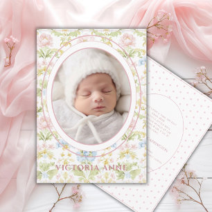 Pink Blue Yellow Damask Floral Birth Announcement