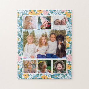 Pink Blue Yellow Floral Photo Collage Jigsaw Puzzle