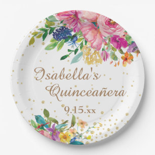 Pink Blue Yellow Floral Quinceañera Birthday Paper Plate