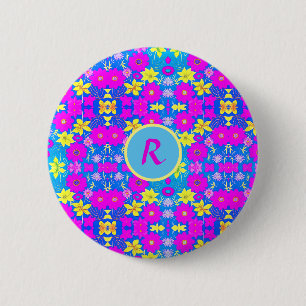 Pink blue yellow flower pattern background add nam 6 cm round badge